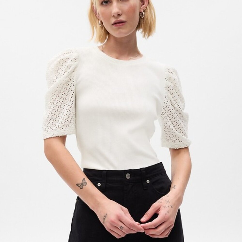 GAP Puff Sleeves Rib T-Shirt - EUC - Picture 1 of 8